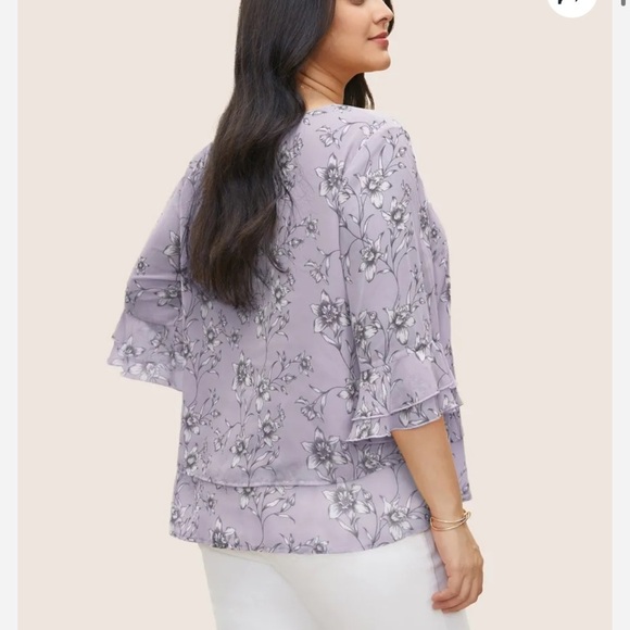 BloomChic Plus Size Daffodils Print Tiered Ruffle Sleeve Mesh Blouse - Picture 4 of 5